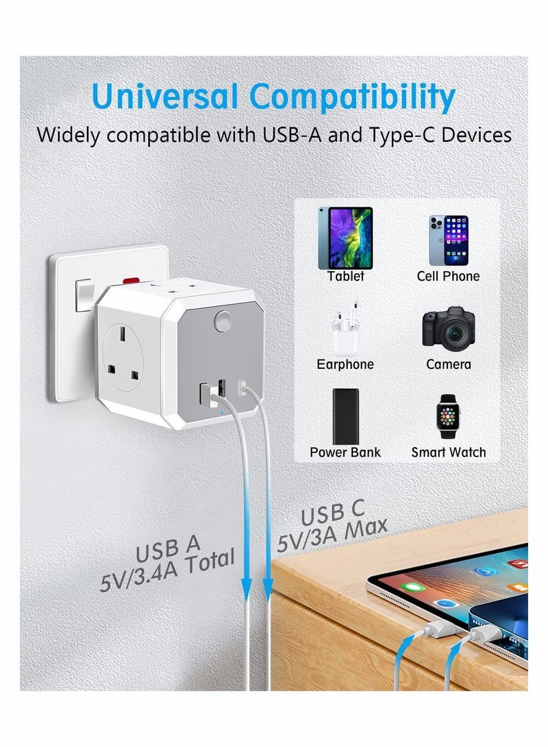 Multi Plug Adapter with USB, Cube Extension Plug with 4 AC Outlets 2 USB and 1 Type-C Slots, UK Wall Socket, 13A Multi Plug Extension Socket Power Adapter for Home Office Kitchen, White  - Image 3