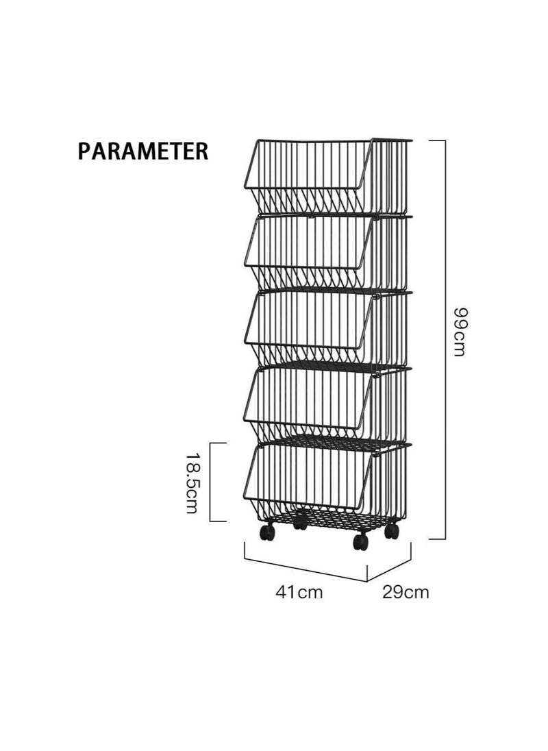 Generic - 5-layer kitchen storage rack kitchen fruit and vegetable storage basket multi-purpose storage rack snacks toys books tools kitchen fruits and vegetables (black) - Image 1