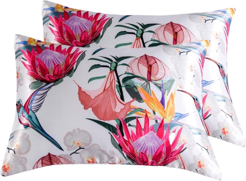URLINENS غطاء وسادة من الساتان للشعر والبشرة، ناعم وبارد مشابه لأغطية الوسائد الحريرية عبوة من 2 مع إغلاق مغلف مقاس قياسي، هدايا للنساء (20×26 بوصة، طائر زهري) - Image 1