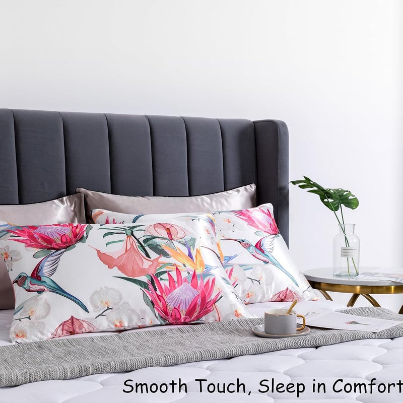 URLINENS غطاء وسادة من الساتان للشعر والبشرة، ناعم وبارد مشابه لأغطية الوسائد الحريرية عبوة من 2 مع إغلاق مغلف مقاس قياسي، هدايا للنساء (20×26 بوصة، طائر زهري) - Image 5