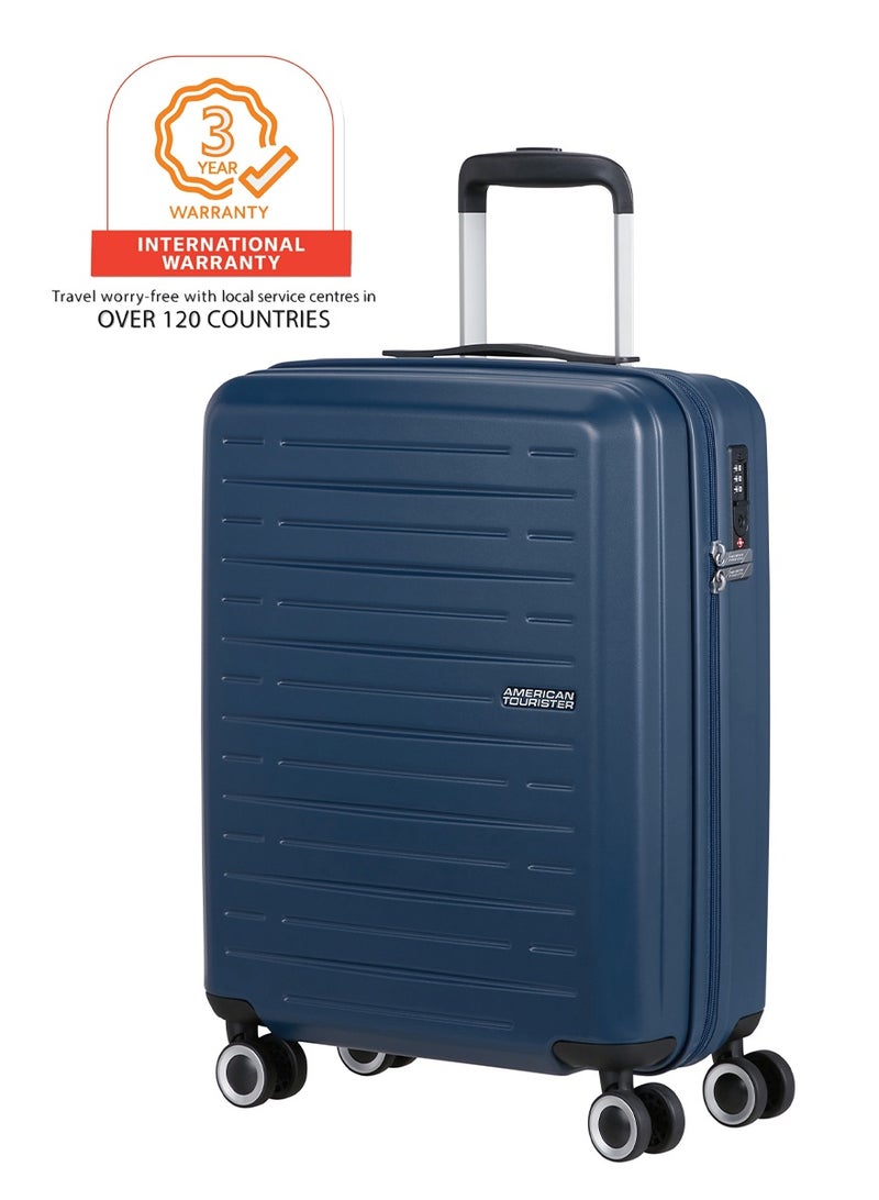AMERICAN TOURISTER Aerojoy Suitcase, Cabin Size 55 cm / 20 inch, 4 Wheels, Hard Top, ABS, Dark Blue|TSA Lock|Inner Mesh Zippered Divider|Cross Ribbons|Lightweight - 3 Years International Warranty - Image 1