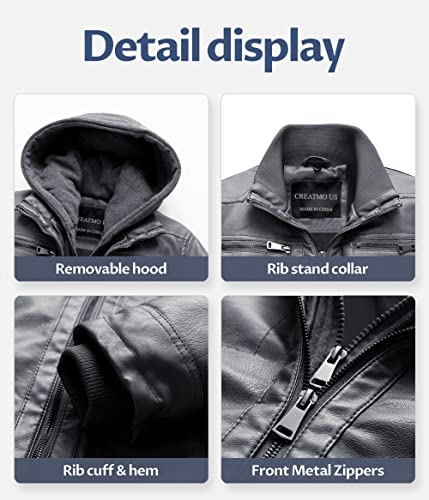 CREATMO US Men's Faux Leather Jacket Winter Jackets with Removable Hood Grey Moderate L - Image 5