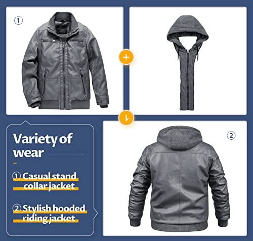 CREATMO US Men's Faux Leather Jacket Winter Jackets with Removable Hood Grey Moderate L - Image 3