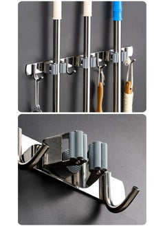 WAOKN Sturdy Mop and Broom Holder Wall Mount Stainless Steel Wall Mount Broom Hanger Heavy Duty Tool Organizer with 3 Shelves 4 Hooks for Kitchen Bathroom Garden Closet Office  - Image 2