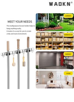 WAOKN Sturdy Mop and Broom Holder Wall Mount Stainless Steel Wall Mount Broom Hanger Heavy Duty Tool Organizer with 3 Shelves 4 Hooks for Kitchen Bathroom Garden Closet Office  - Image 3