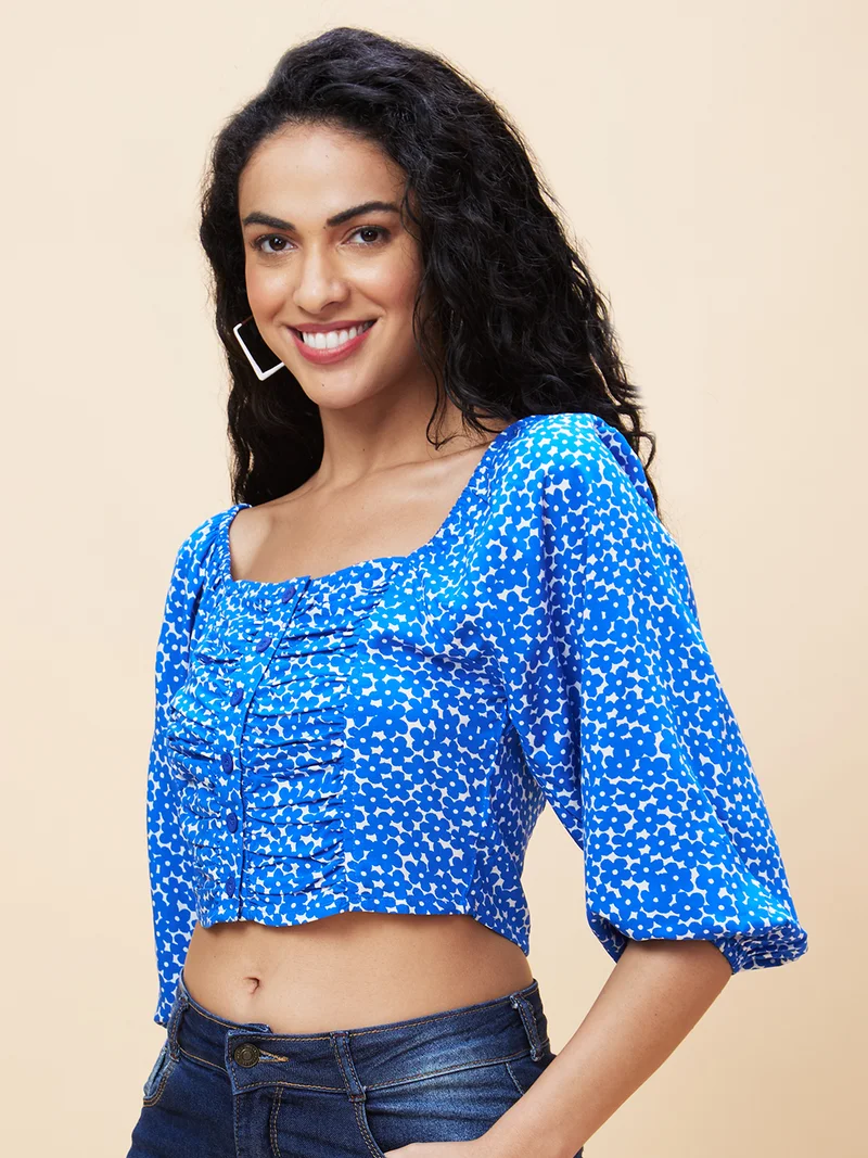 globus Women Abstract Printed Gathered Or Pleated Regular Crop Top