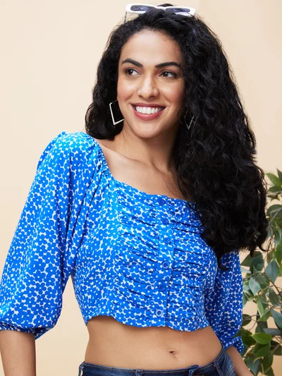 globus Women Abstract Printed Gathered Or Pleated Regular Crop Top