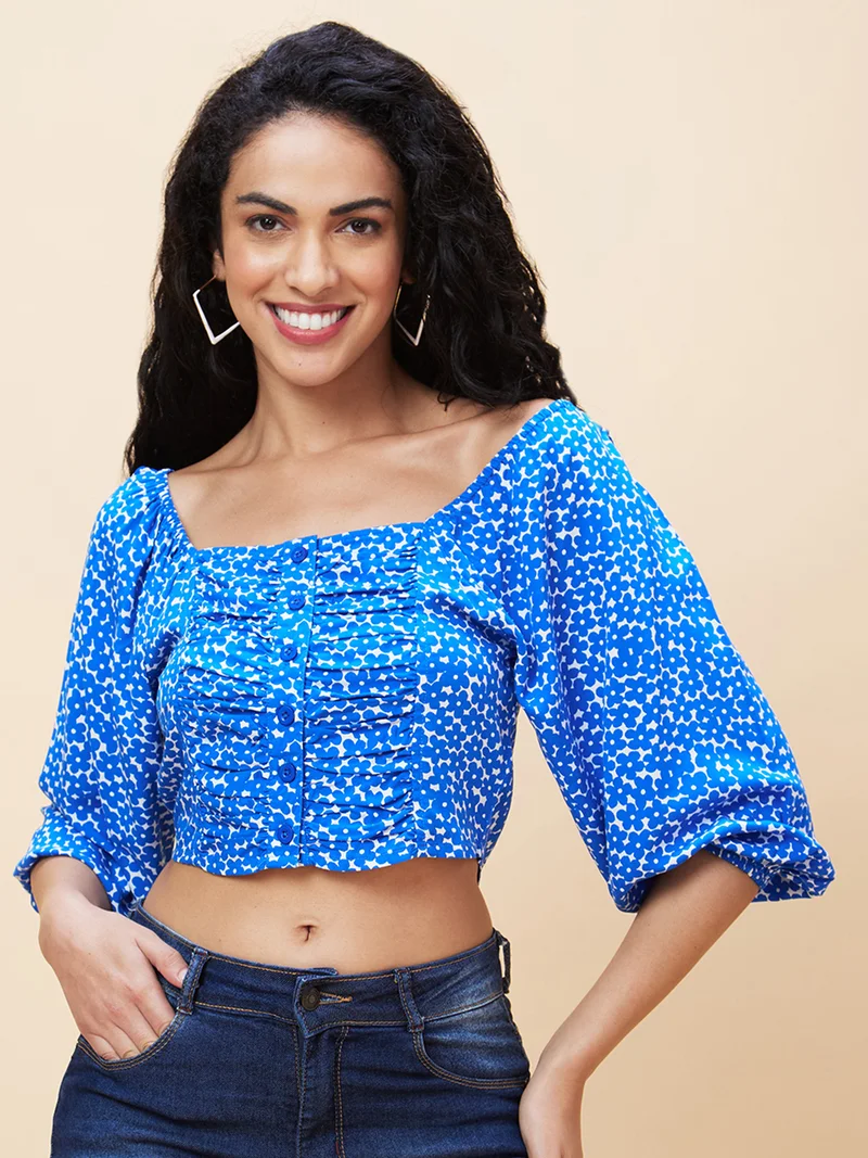 globus Women Abstract Printed Gathered Or Pleated Regular Crop Top