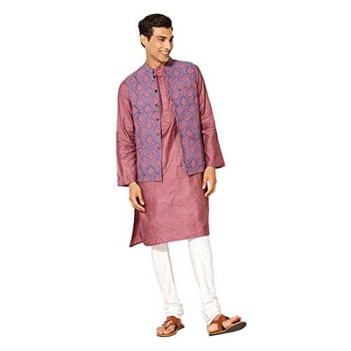 Fabindia Men Silk Blend Striped Long Kurta Pink_L - Image 5