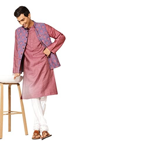 Fabindia Men Silk Blend Striped Long Kurta Pink_L - Image 4