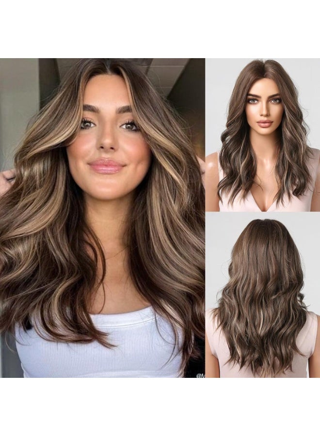 Brown Long Wavy Wig for Women,Highlight Middle Part Curly Wavy Wig,Shoulder Length Natural Looking Synthetic Heat Resistant Fiber Wig for Daily Party Use - Image 1