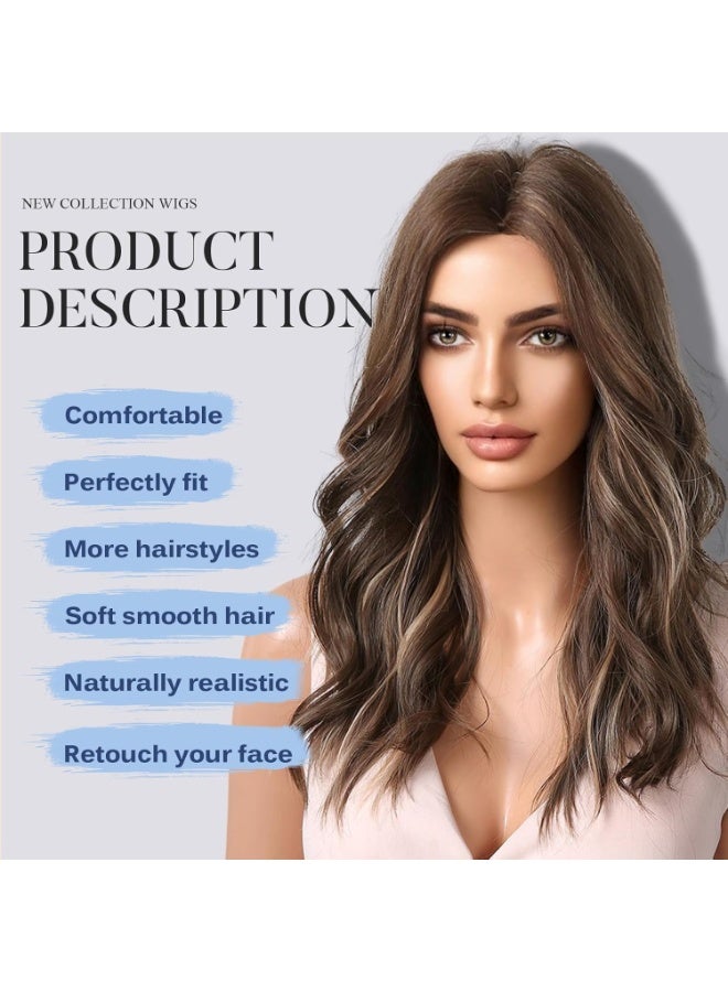 Brown Long Wavy Wig for Women,Highlight Middle Part Curly Wavy Wig,Shoulder Length Natural Looking Synthetic Heat Resistant Fiber Wig for Daily Party Use - Image 2