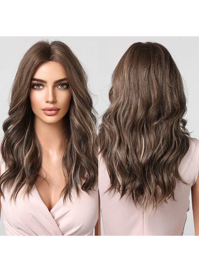 Brown Long Wavy Wig for Women,Highlight Middle Part Curly Wavy Wig,Shoulder Length Natural Looking Synthetic Heat Resistant Fiber Wig for Daily Party Use - Image 4
