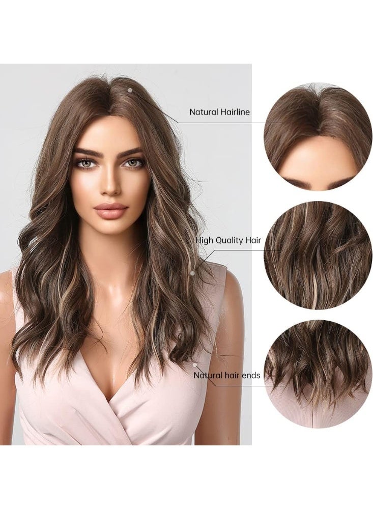 Brown Long Wavy Wig for Women,Highlight Middle Part Curly Wavy Wig,Shoulder Length Natural Looking Synthetic Heat Resistant Fiber Wig for Daily Party Use - Image 3