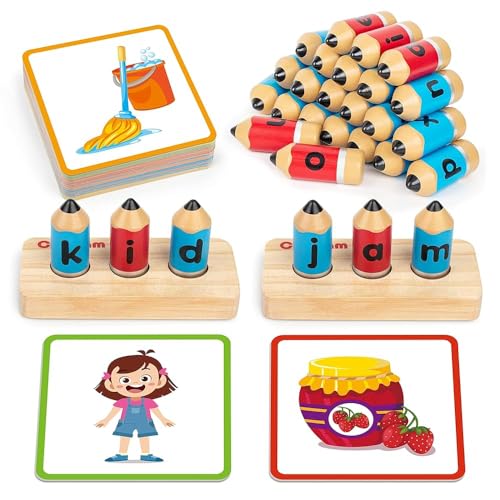 Coogam Wooden Short Vowel Spelling Games, Learn to Spell CVC Sight Words Educational Flashcards Fine Motor Montessori Alphabet Toy Gift for Kids 3 4 5 Years Old - Image 1