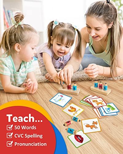 Coogam Wooden Short Vowel Spelling Games, Learn to Spell CVC Sight Words Educational Flashcards Fine Motor Montessori Alphabet Toy Gift for Kids 3 4 5 Years Old - Image 3