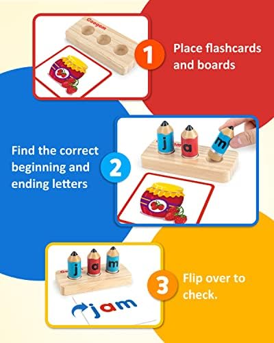 Coogam Wooden Short Vowel Spelling Games, Learn to Spell CVC Sight Words Educational Flashcards Fine Motor Montessori Alphabet Toy Gift for Kids 3 4 5 Years Old - Image 2