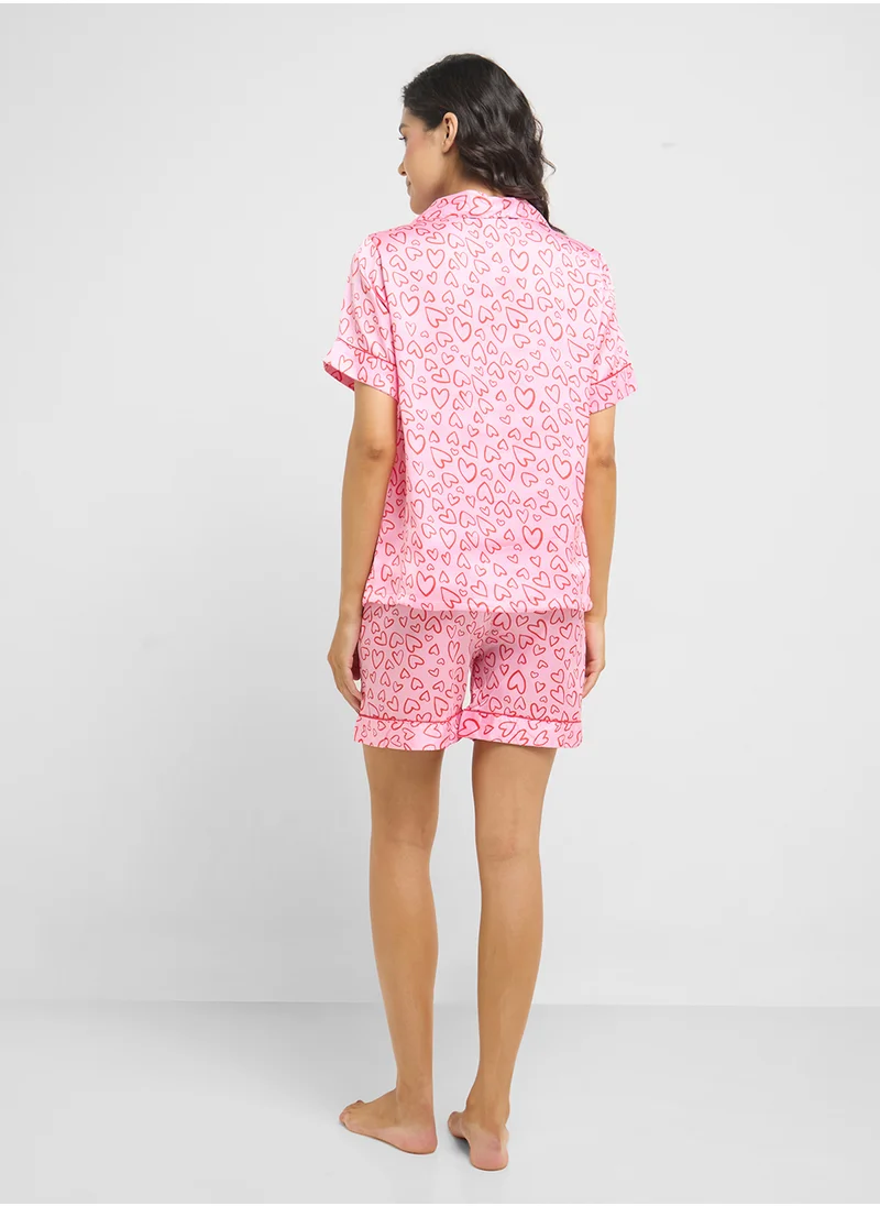 Ginger Cotton Heart Print Shirt & Short Pj Set