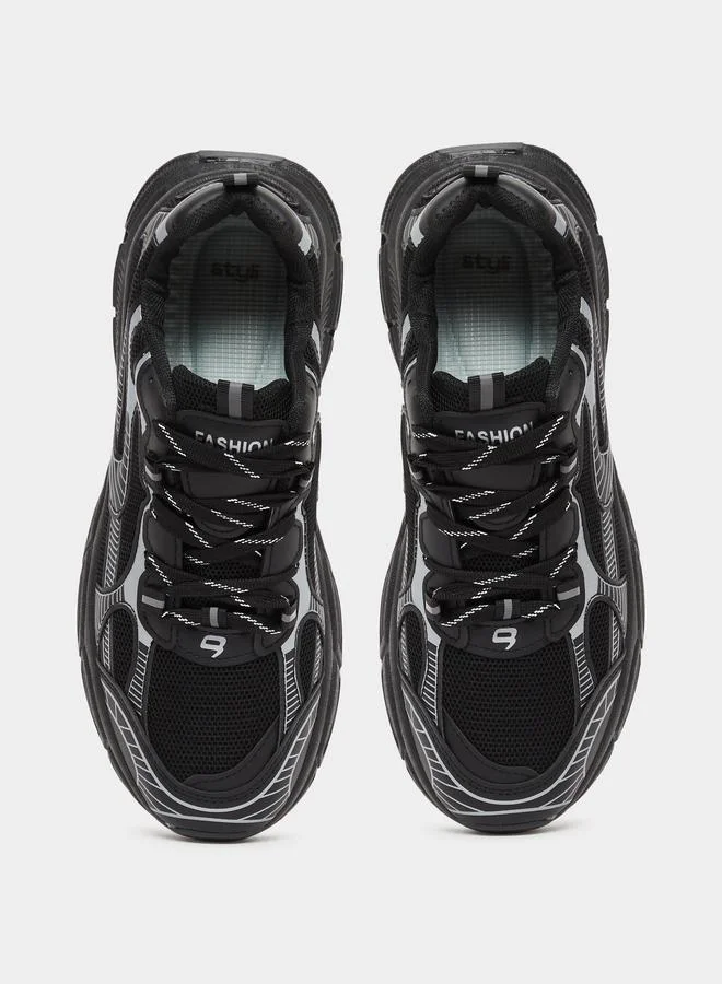Styli Black Metallic Graphic Chunky Sole Lace Up Sneaker for Men | Best Price UAE