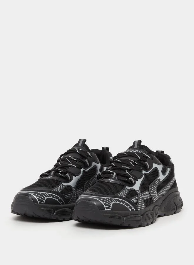 Styli Black Metallic Graphic Chunky Sole Lace Up Sneaker for Men | Best Price UAE