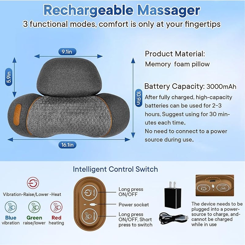 KITCADA Neck Massager Pillow, 3-in-1 Neck Massager, Travel Massage Pillow for Shoulder Pain Relief, Deep Tissue Pain with Heat and Traction, Hump Corrector - Image 2