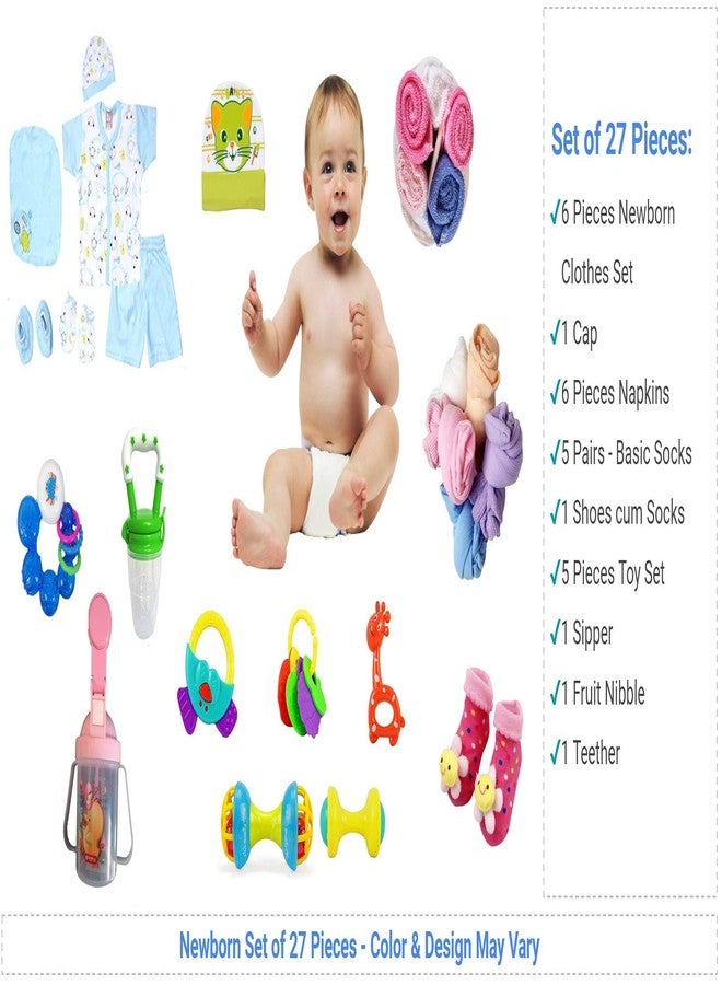 Unique Ideas - 27 Pieces New Born Baby Gift Set for 0-6 Month Baby (Clothes, Feeding, Napkin and Toys) (27 Pieces Pack) - Image 1