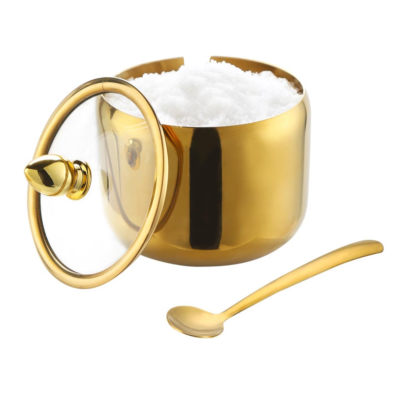 IBWell 10oz Sugar Bowl with Lid and Spoon Gold Sugar Container with Spoon for Coffee Bar Kitchen Accessories for Seasoning Sugar Salt Coffee Bean - Image 1