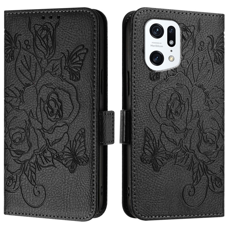 HuHa Case Cover For OPPO Find X5 Embossed Rose RFID Anti-theft Leather Phone Case(Black) - Image 2