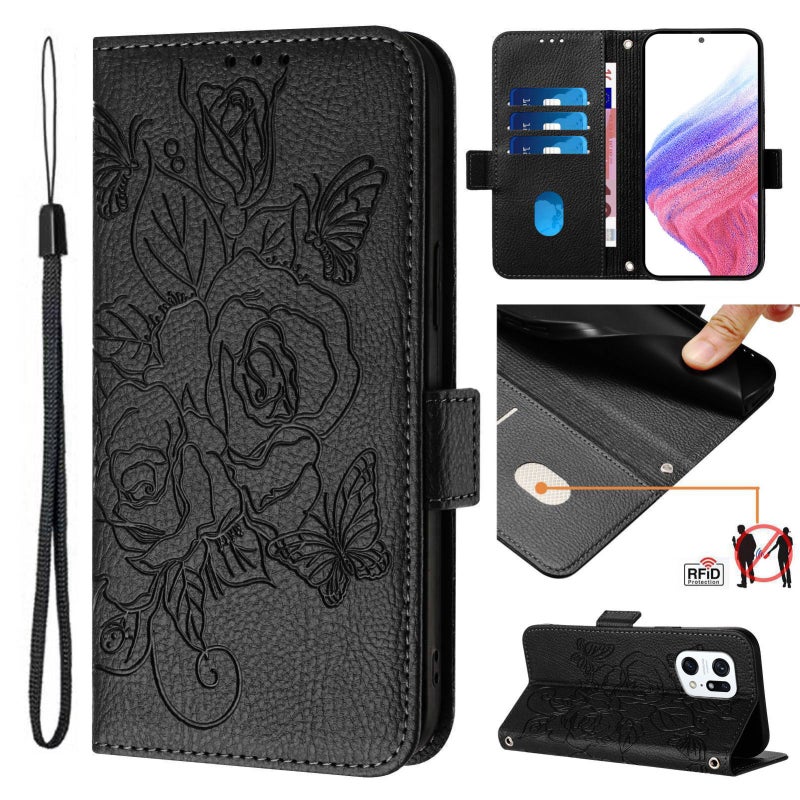 HuHa Case Cover For OPPO Find X5 Embossed Rose RFID Anti-theft Leather Phone Case(Black) - Image 1