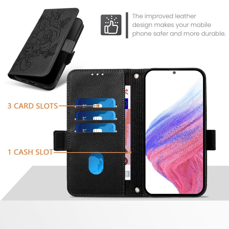 HuHa Case Cover For OPPO Find X5 Embossed Rose RFID Anti-theft Leather Phone Case(Black) - Image 4
