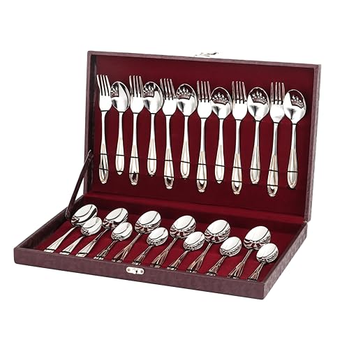 FnS Classic Stainless Steel 24 Karat Gold Plated 24 Pcs Cutlery Set with Leatherette Box, 6 Dinner Spoons, 6 Dinner Forks, 6 Tea Spoons, 6 Baby Spoons, Elegant Design, Durable, Gold Finish - Image 1
