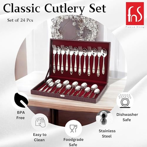 FnS Classic Stainless Steel 24 Karat Gold Plated 24 Pcs Cutlery Set with Leatherette Box, 6 Dinner Spoons, 6 Dinner Forks, 6 Tea Spoons, 6 Baby Spoons, Elegant Design, Durable, Gold Finish - Image 4