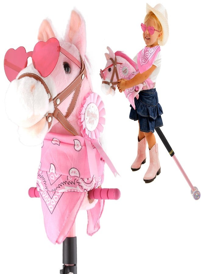 Frebuta Hobby Horse on a Stick,30 to 50In Stick Horse for Kids 3-12 Years Plush Handcrafted Party Cowgirl Music Pink Pony Horse Toy with Illuminated Wheel Stainless Steels Soft Sponge Handle (Pink) - Image 1