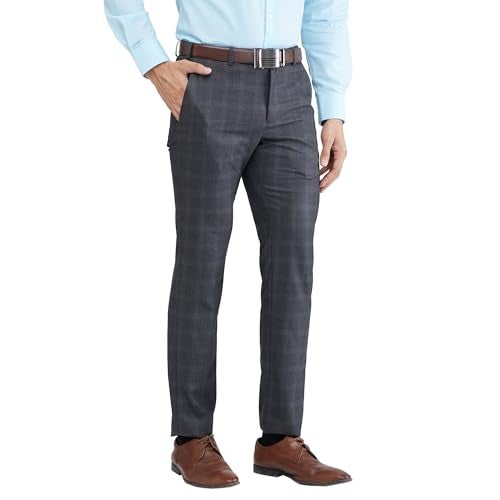 Raymond Men's Slim Fit Formal Trousers, Poly Viscose Blend, Checked Pattern, Flat Front | Dark Grey - Image 2