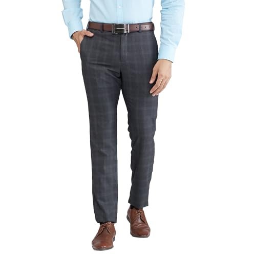 Raymond Men's Slim Fit Formal Trousers, Poly Viscose Blend, Checked Pattern, Flat Front | Dark Grey - Image 1