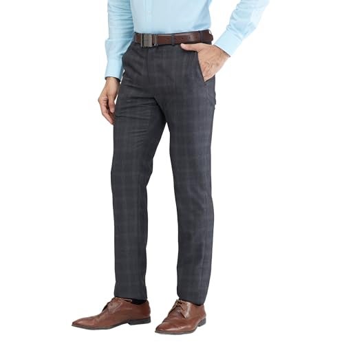 Raymond Men's Slim Fit Formal Trousers, Poly Viscose Blend, Checked Pattern, Flat Front | Dark Grey - Image 3