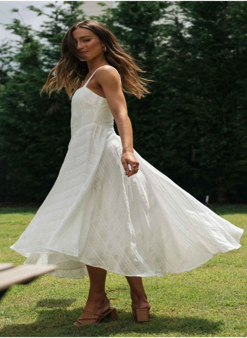 YUNIQEE White Self Design Shoulder Straps Cotton Fit & Flare Maxi Dress