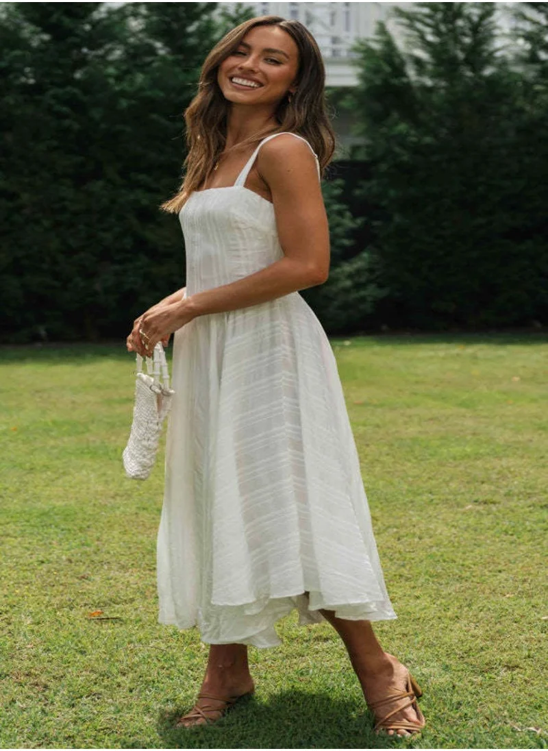 YUNIQEE White Self Design Shoulder Straps Cotton Fit & Flare Maxi Dress