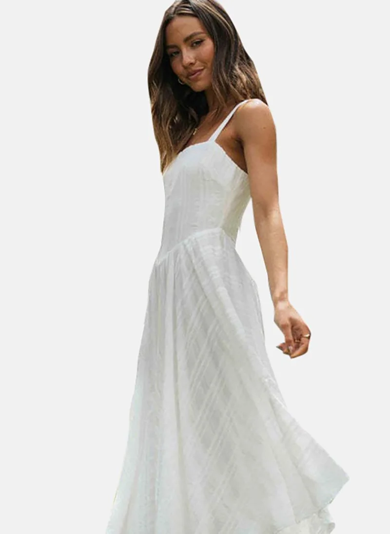YUNIQEE White Self Design Shoulder Straps Cotton Fit & Flare Maxi Dress