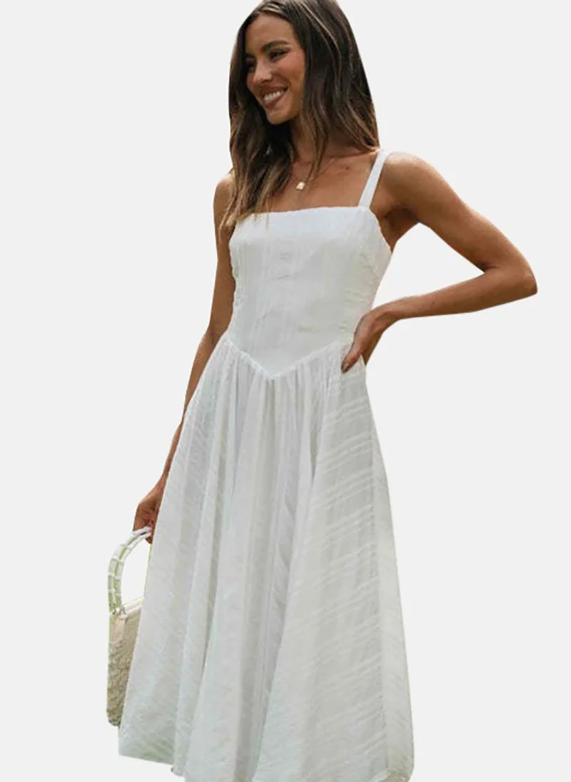 YUNIQEE White Self Design Shoulder Straps Cotton Fit & Flare Maxi Dress