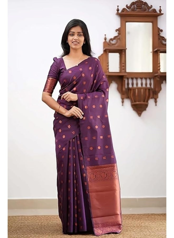 مملكة الإكسسوارات ساري باناراسي الهندي الناعم شبه الحريري من كانجيفارام مع قطعة بلوزة - Image 2