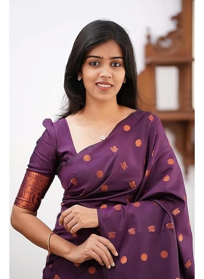 مملكة الإكسسوارات ساري باناراسي الهندي الناعم شبه الحريري من كانجيفارام مع قطعة بلوزة - Image 5