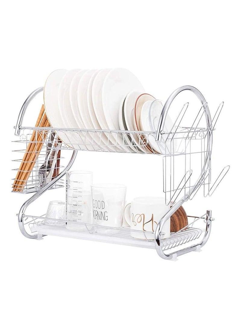 DubaiGallery حامل أطباق، حامل أطباق من الفولاذ المقاوم للصدأ بطبقتين مع لوح تقطيع، حامل أدوات المائدة، حامل أدوات المطبخ، مجفف أطباق لتخزين سطح المطبخ، لوح تصريف أطباق مطلي بالكروم الفضي - Image 1