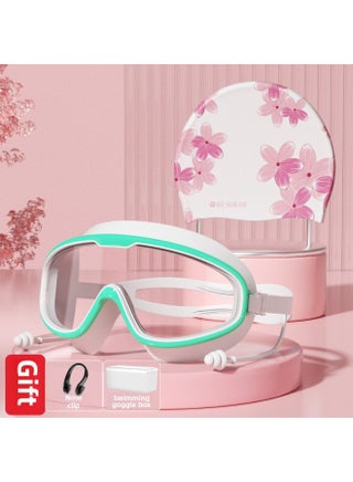 Swimming Goggles Waterproof Anti-Fog High Definition Myopia Depart Male And Female Professional Big Frame Swimming Glasses Goggles Swimming Cap Suit-Color:Transparent Green And White + Cherry Blossom Swimming Cap - Flat Light - pzsku/Z84B6AFDEFFB59ED0617AZ/45/1747377887/6ce0a459-0709-46c6-81ff-6f2167b6b063