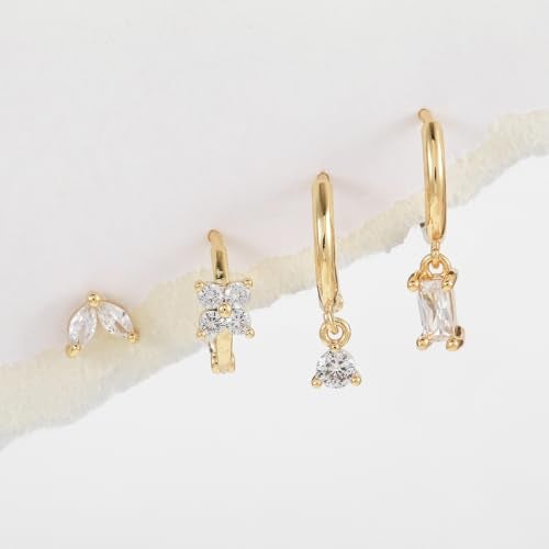 Aaishwarya Set of 4 for Single Ear Only - 18K Gold Plated Waterproof Antitarnish Zircon Stud and Hoop Earring Set | Multi Piercing Earrings for Women and Girls - Image 3