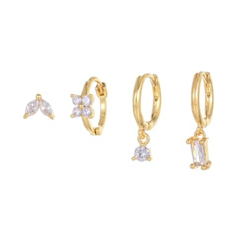 Aaishwarya Set of 4 for Single Ear Only - 18K Gold Plated Waterproof Antitarnish Zircon Stud and Hoop Earring Set | Multi Piercing Earrings for Women and Girls - Image 1