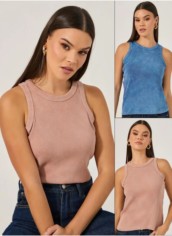 Styli Round Neck Racer Back Tank Top in Acid Wash Pack of 2