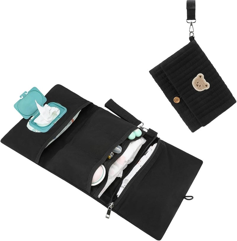 Pochette À Couches Et Lingettes - Pochette Pliable Avec Broderie Ours Mignon - Avec Compartiment Pour Sangle De Poussette Et Organisateurs De Sac À Langer - pour papa parent garçon fille maman voyage - Image 2