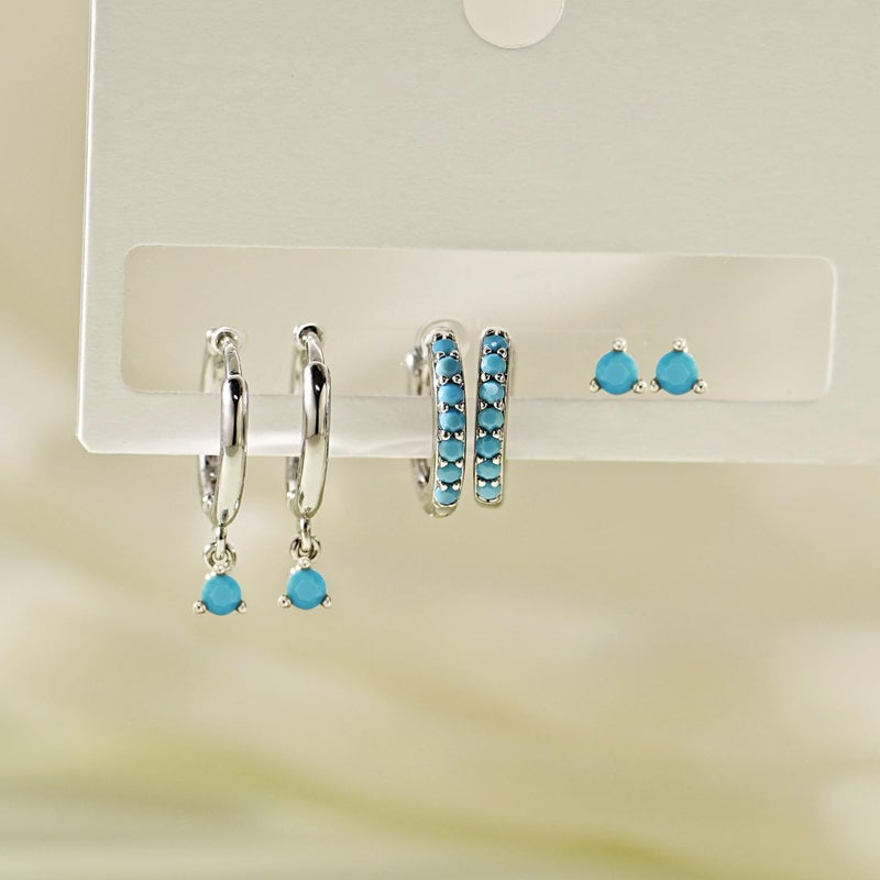 NOKMIT 3 Pairs Mini Hoop Earrings Set for Women Turquoise Huggie Hoop Cute Small Sterling Silver Cartilage Earring Ear Cuff for Multiple Piercing (Turquoise, B) - Image 4