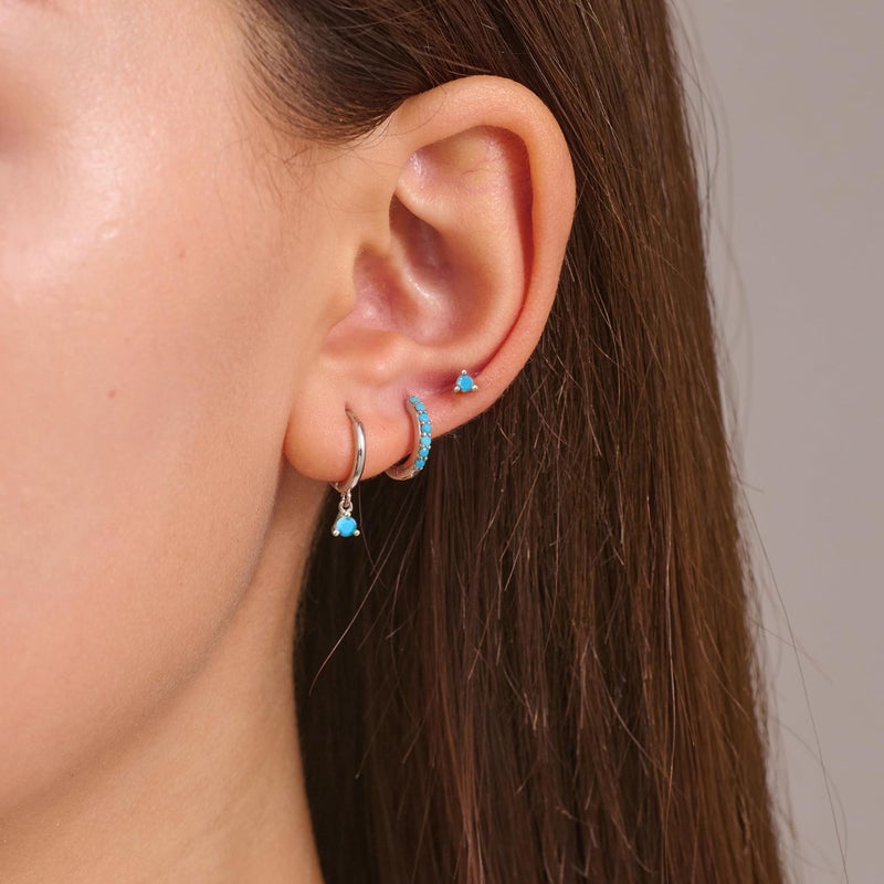 NOKMIT 3 Pairs Mini Hoop Earrings Set for Women Turquoise Huggie Hoop Cute Small Sterling Silver Cartilage Earring Ear Cuff for Multiple Piercing (Turquoise, B) - Image 2